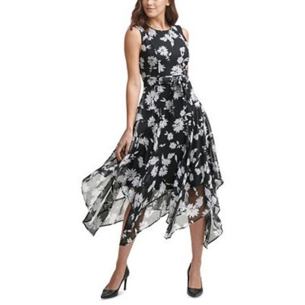 Calvin Klein Handkerchief-Hem Chiffon Midi Dress, size 12